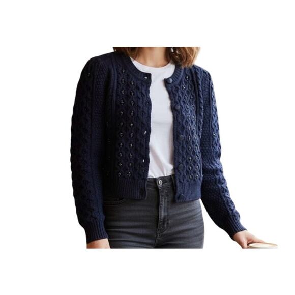 Caroline Constas Sweaters - Caroline Constas Navy Deep Blue Cable Knit Jeweled Cardigan Size Small